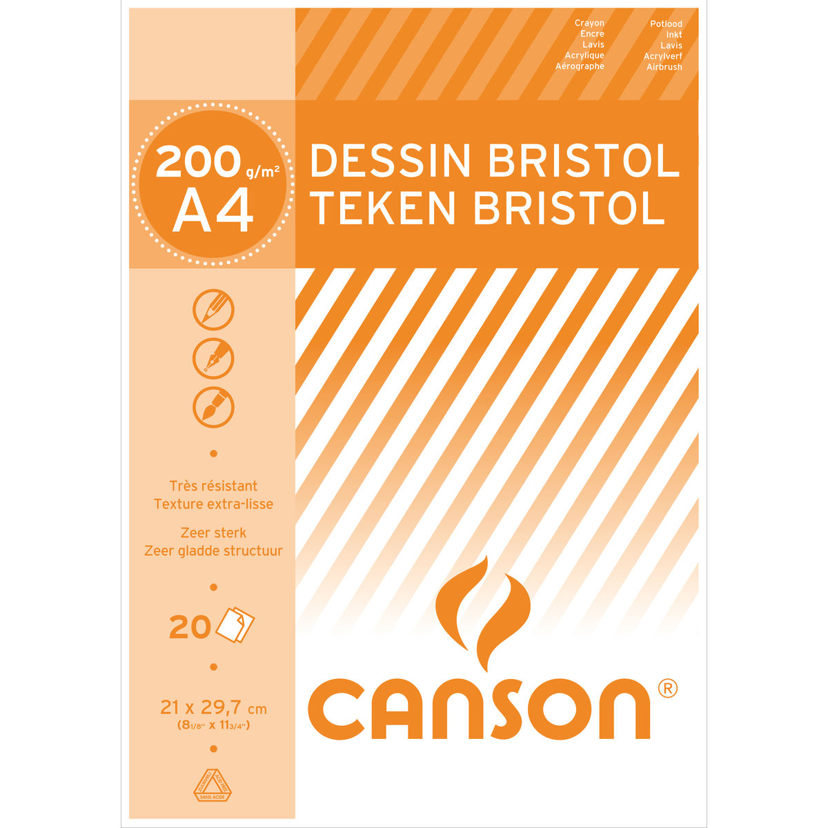Canson Bloc Dessin Bristol A4 20 feuilles 200g/m² Très résistant