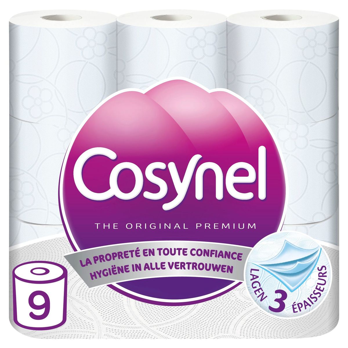 Cosynel Premium Blanc 3 Épaisseurs Papier Toilette 9 Rouleaux