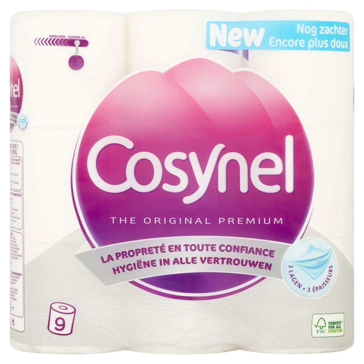 Cosynel Original Premium Blanc 3 Épaisseurs Papier Toilette 9 Rouleaux
