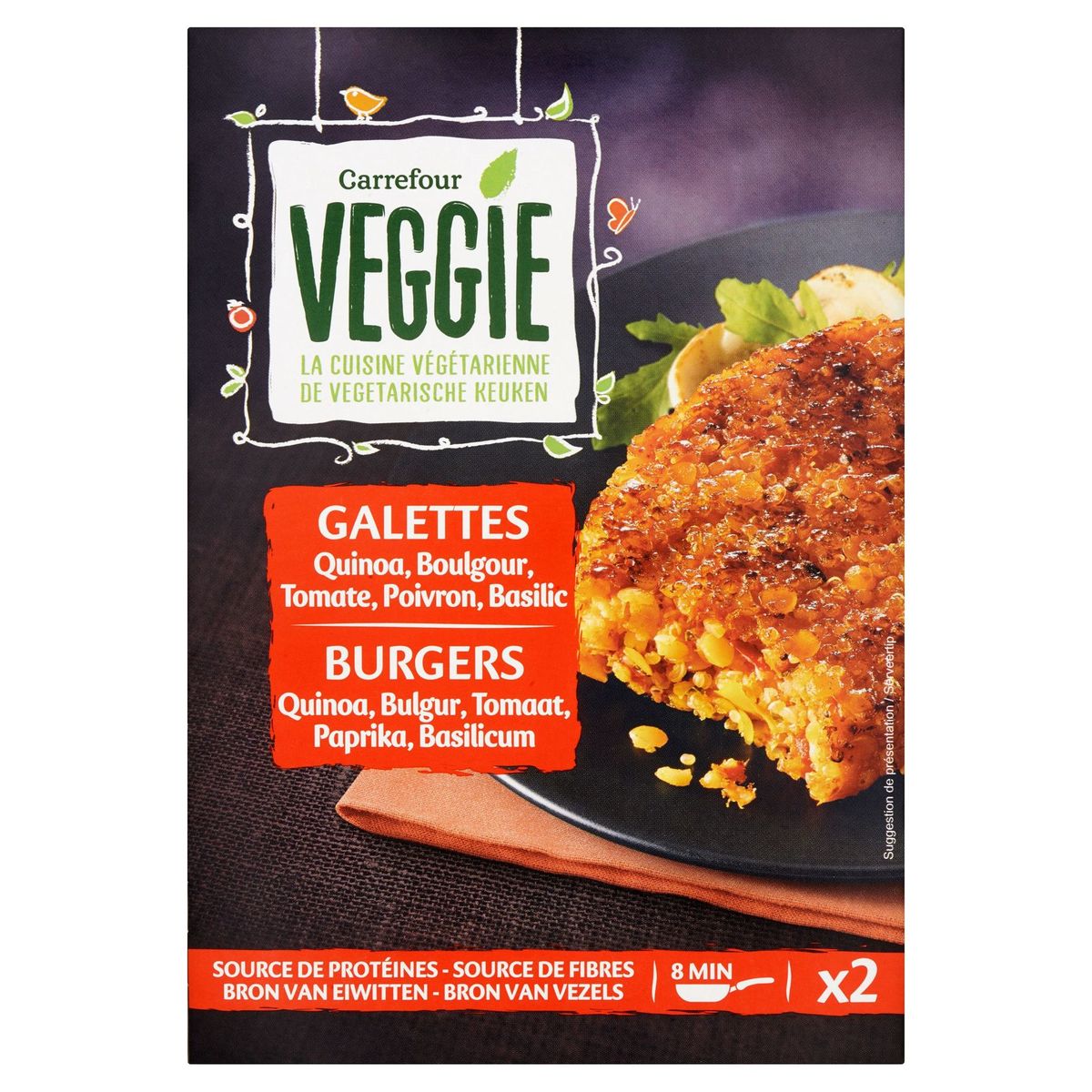 Carrefour Veggie Galettes Quinoa, Boulgour, Tomate, Poivron, Basilic 2 x 100 g