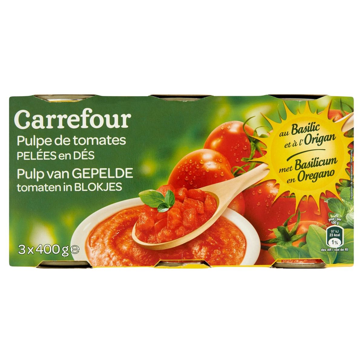 Carrefour Pulp van Gepelde Tomaten Blokjes Basilicum/Oregano 3 x 400 g