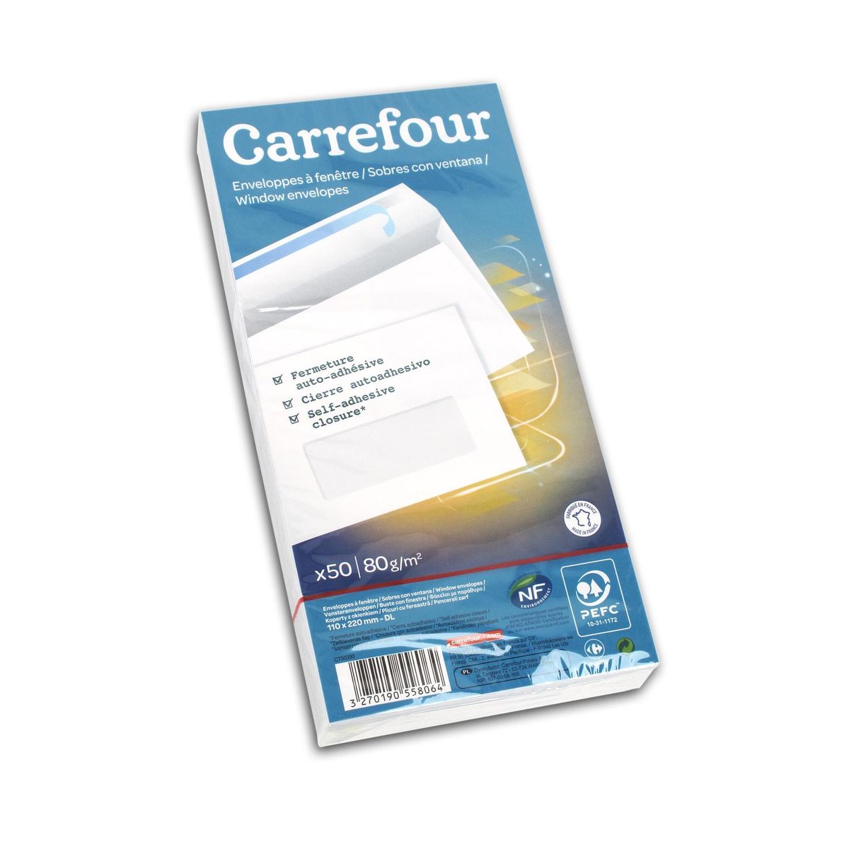 Carrefour 50 Enveloppes à  fenêtres 110x220mm - Blanc