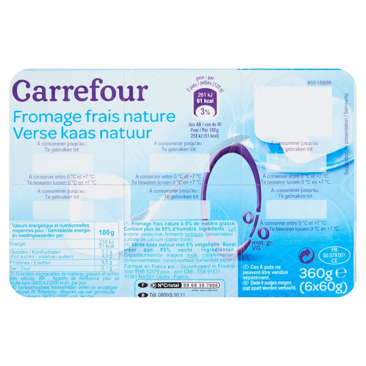Carrefour Fromage Frais Nature 0% Mat. Gr. 6 x 60 g