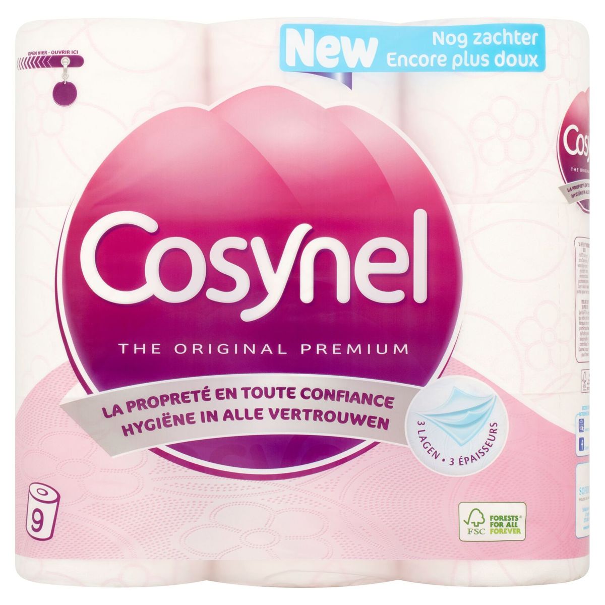 Cosynel The Original Premium Rose 3 Plis Papier Toilette 9 Rouleaux