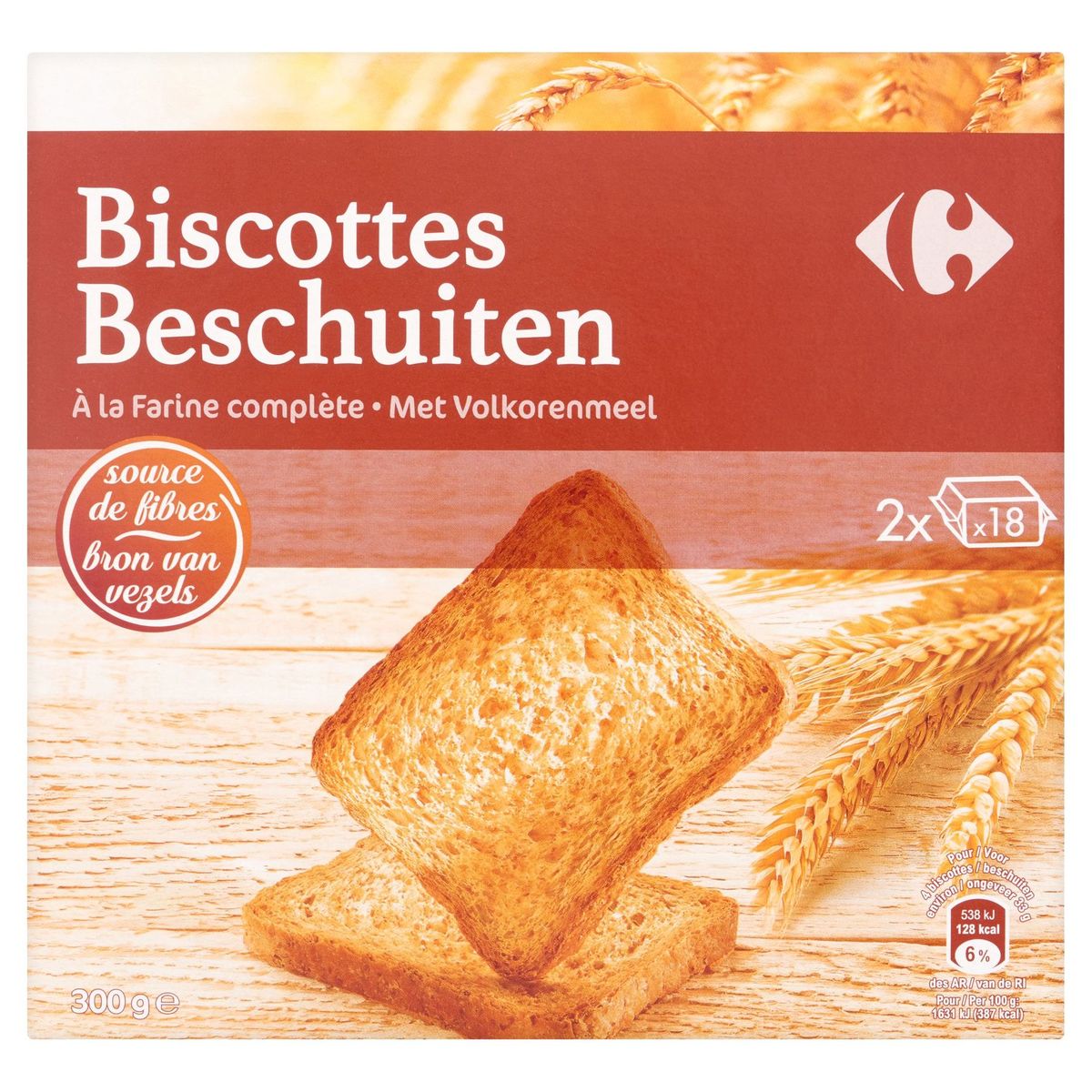 Carrefour Biscottes à la Farine Complète 2 x 18 Pièces 300 g