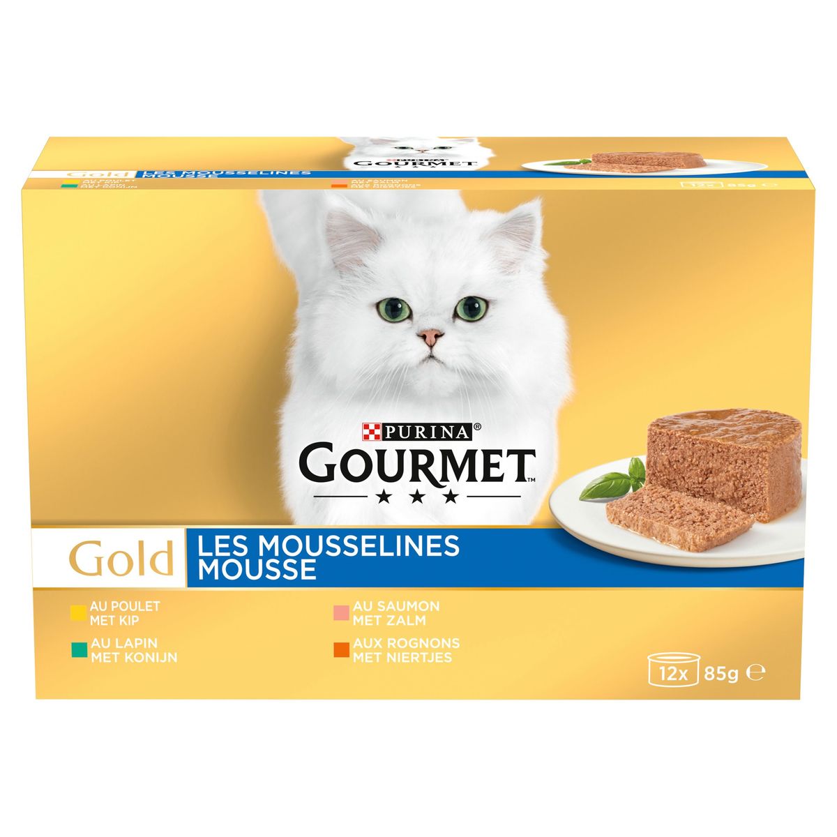 Gourmet Gold Kattenvoeding Mousse Kip, Konijn, Zalm en Niertjes 12x85g