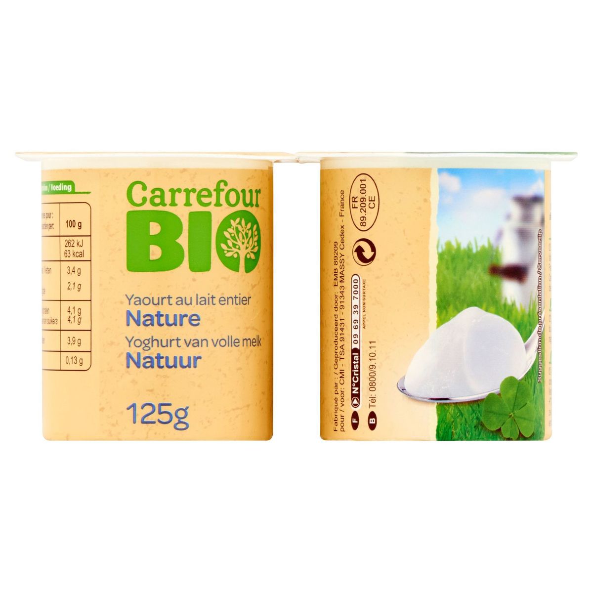 Carrefour Bio Yoghurt van Volle Melk Natuur 4 x 125 g