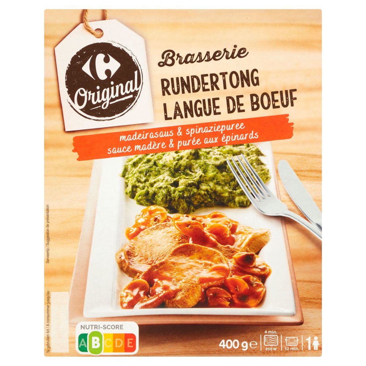 Carrefour Langue de Boeuf Sauce Madère & Purée aux Épinards 400 g
