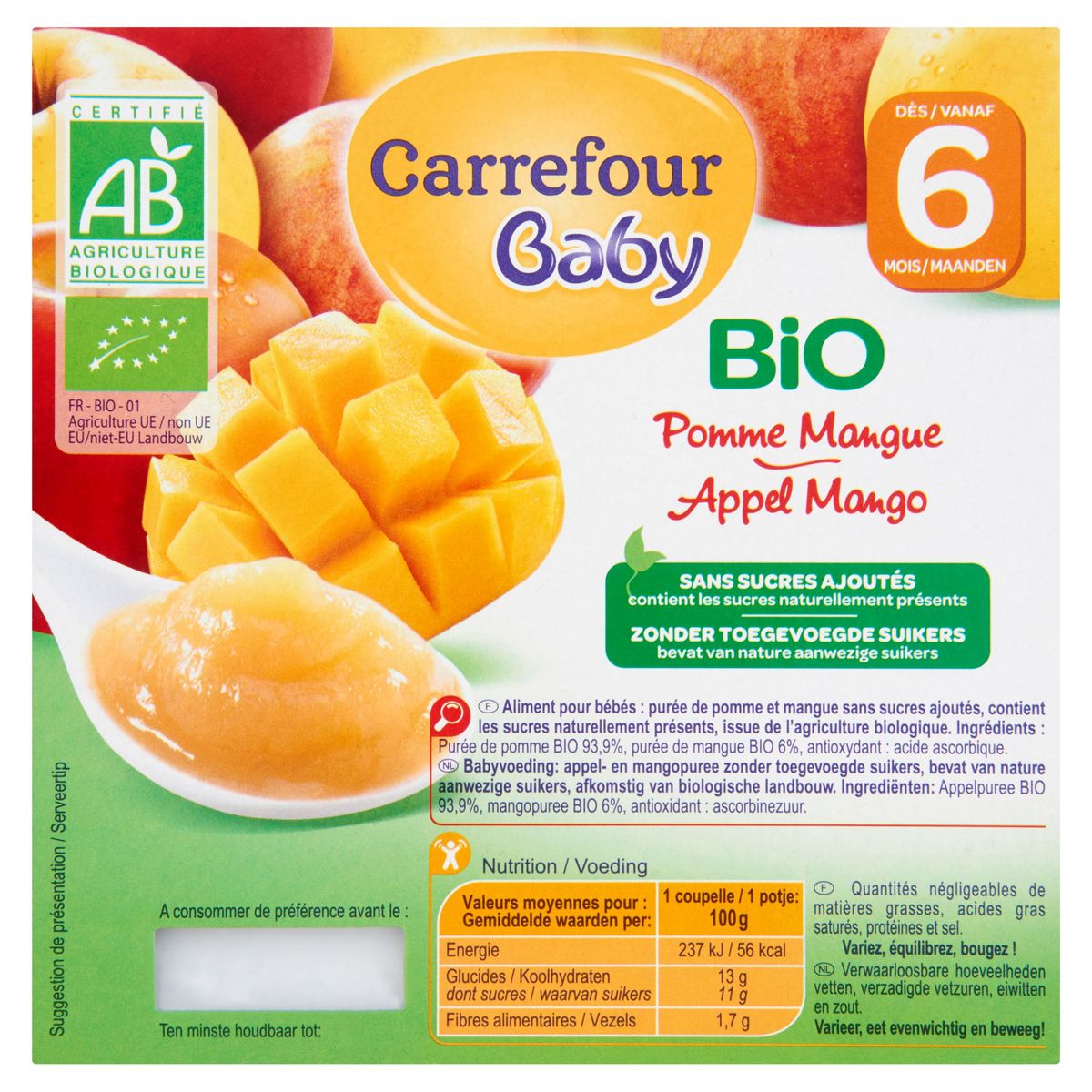 Carrefour Baby Bio Appel Mango vanaf 6 Maanden 4 x 100 g