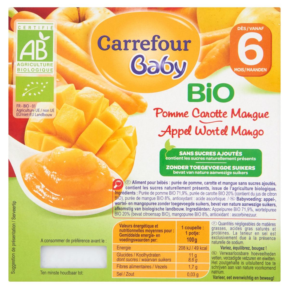 Carrefour Baby Bio Appel Wortel Mango vanaf 6 Maanden 4 x 100 g