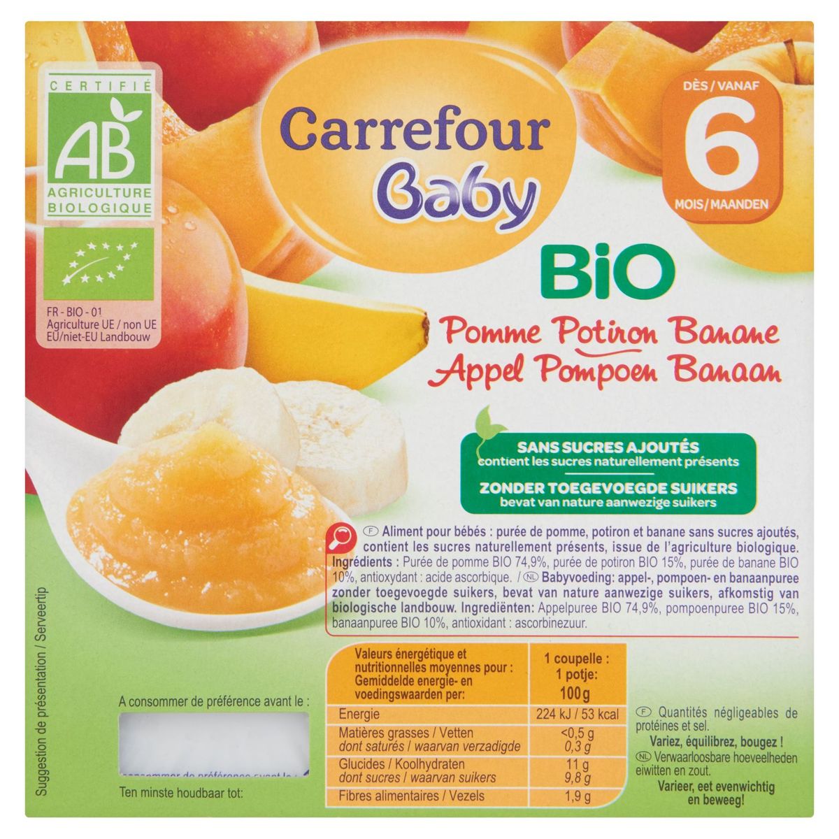 Carrefour Baby Bio Pomme Potiron Banane dès 6 Mois 4 x 100 g