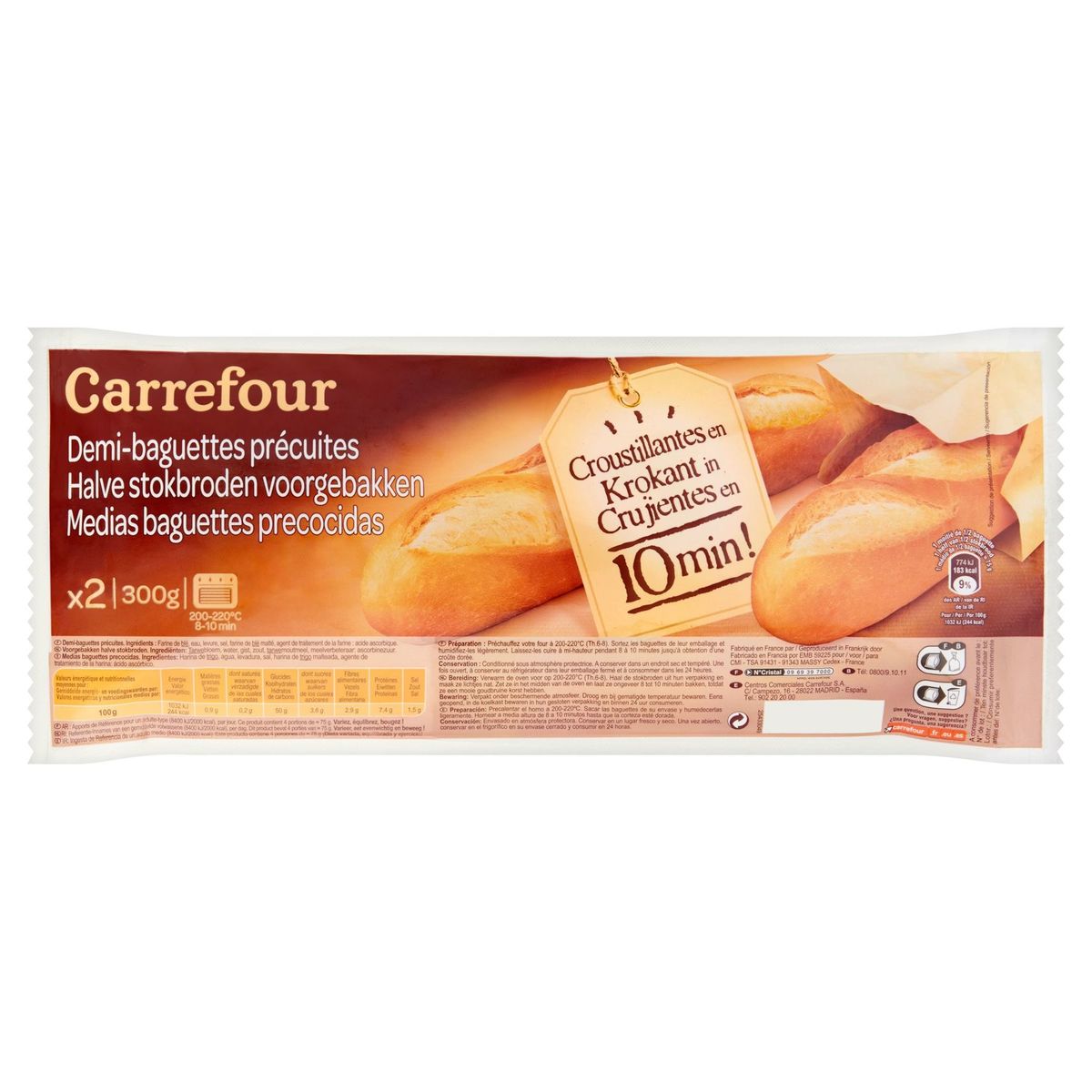 Carrefour Halve Stokbroden Voorgebakken 2 Stuks 300 g