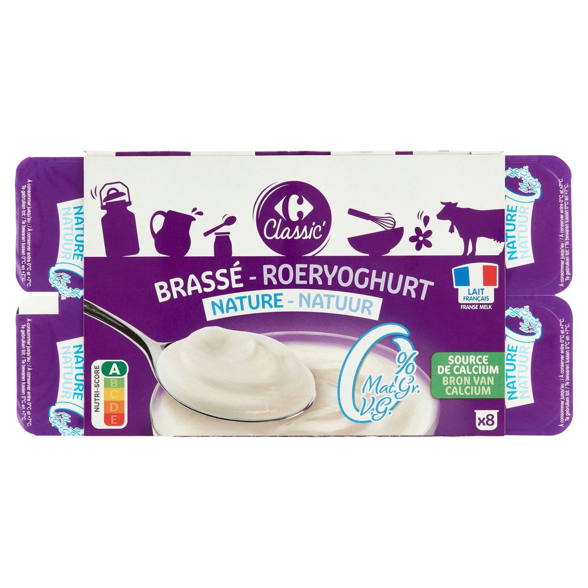 Carrefour Classic' Roeryoghurt Natuur 0% V.G. 8 x 125 g