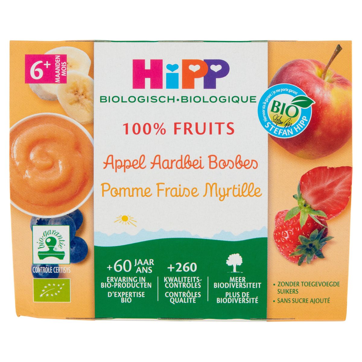 HiPP Biologisch 100% Fruits Appel Aardbei Bosbes 6+ Maanden 4 x 100 g