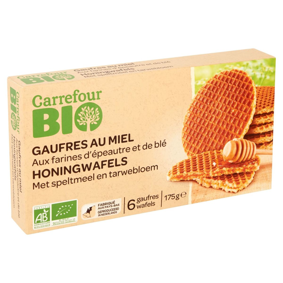 Carrefour Bio Honingwafels met Speltmeel en Tarwebloem 6 Wafels 175 g