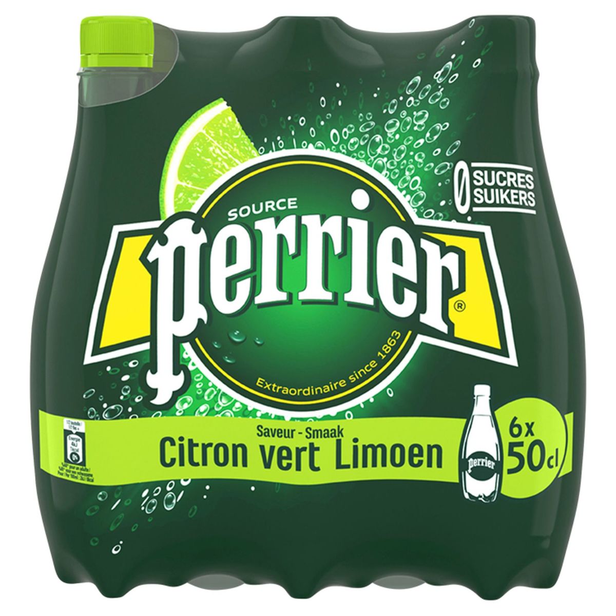 PERRIER eau minérale naturelle pétillante arômatisée au citron vert 6 x 50 cl