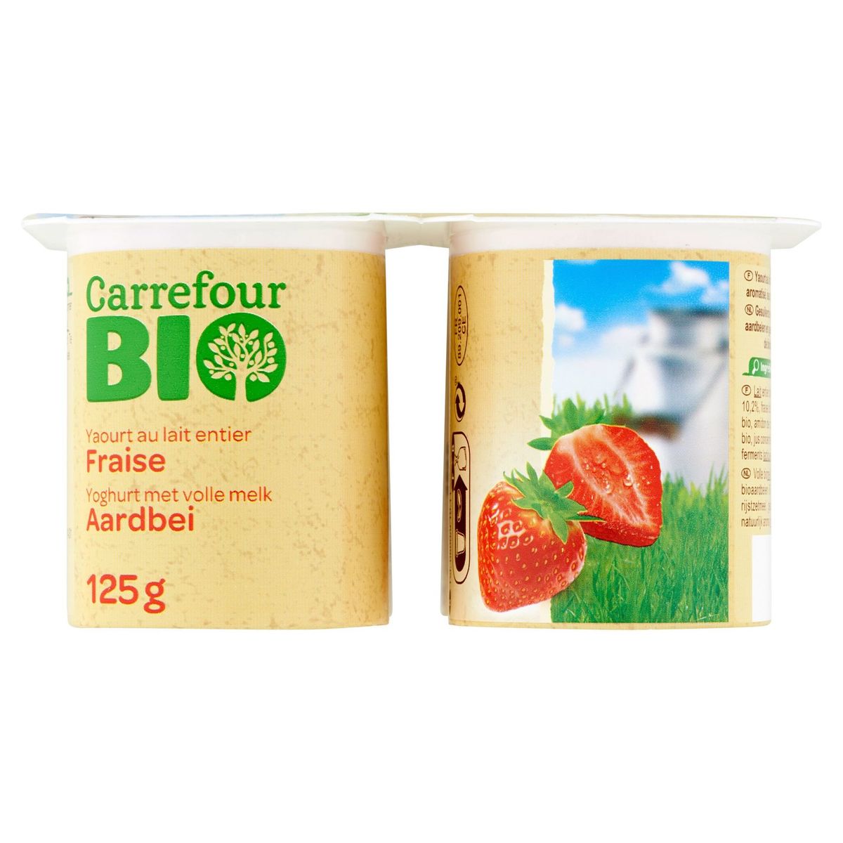 Carrefour Bio Yoghurt met Volle Melk Aardbei 4 x 125 g