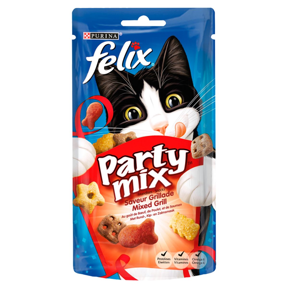 Felix Party Mix Saveur Grillade au Goût de Bœuf, de Poulet et de Saumon 60 g