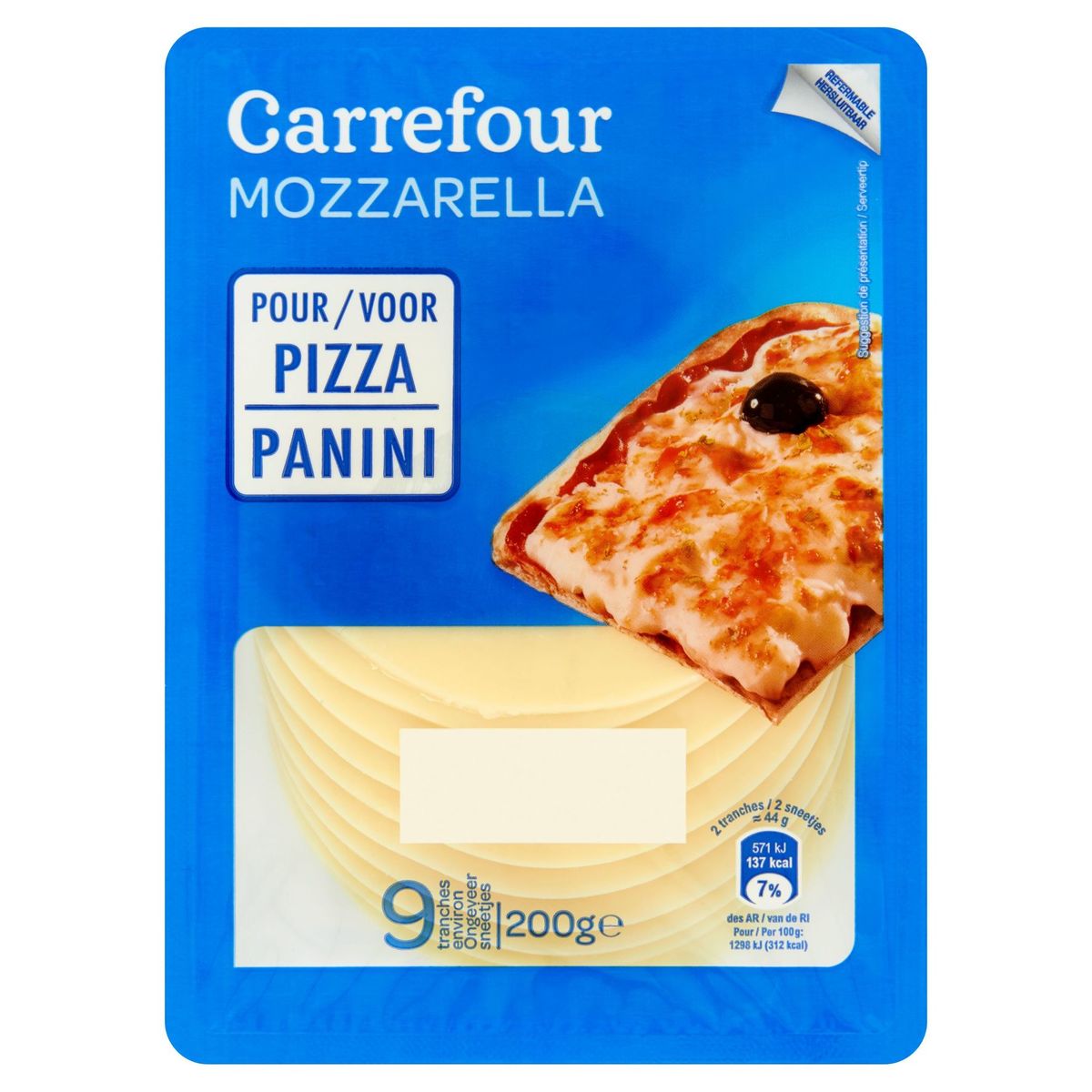 Carrefour Mozzarella pour Pizza Panini 9 Tranches Environ 200 g