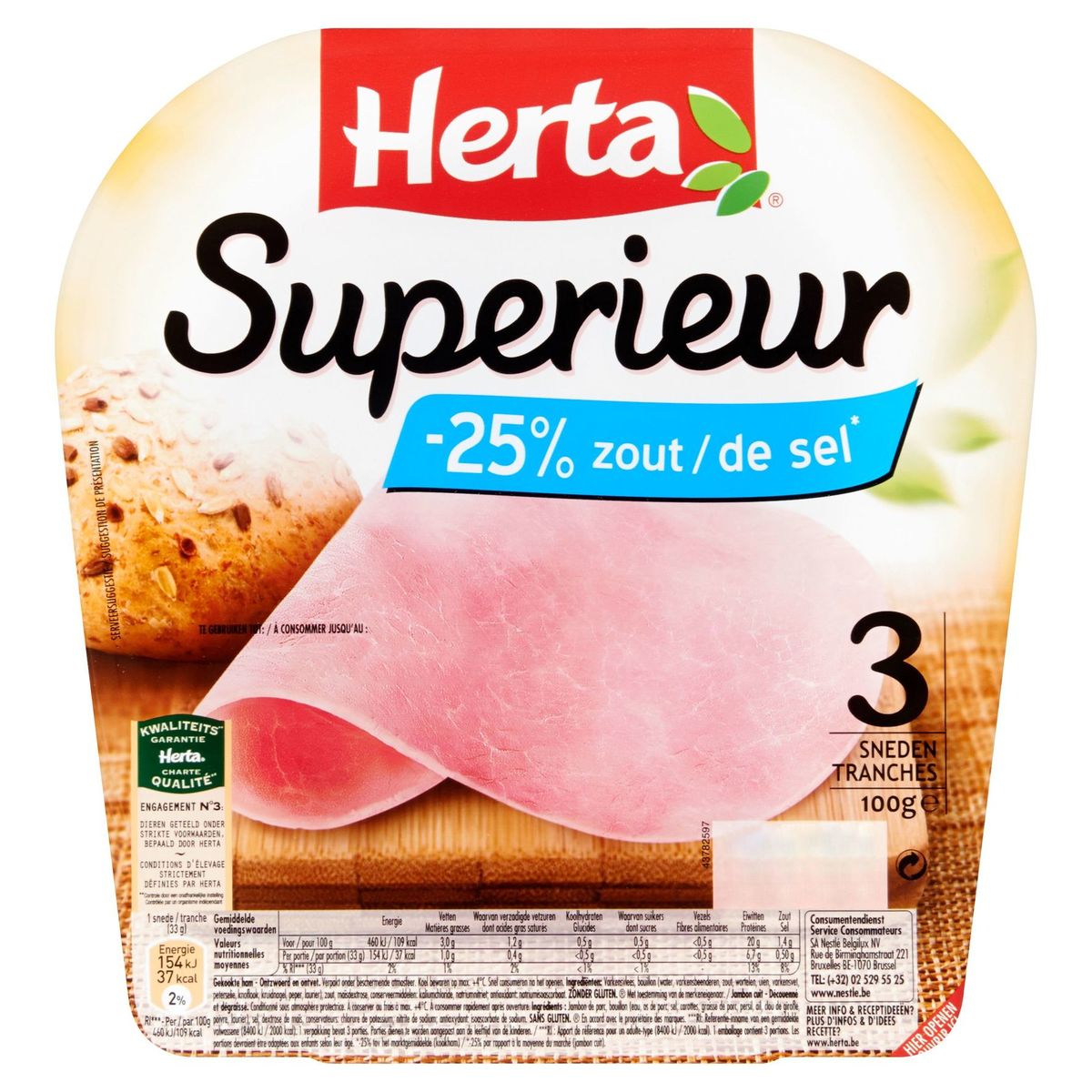 Herta Superieur Ham -25% Zout 3 Sneden 100 g