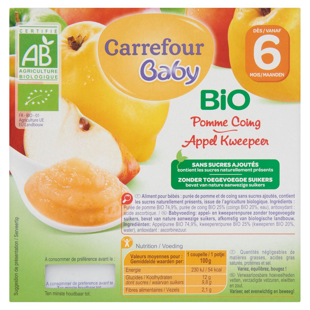 Carrefour Baby Bio Pomme Coing dès 6 Mois 4 x 100 g