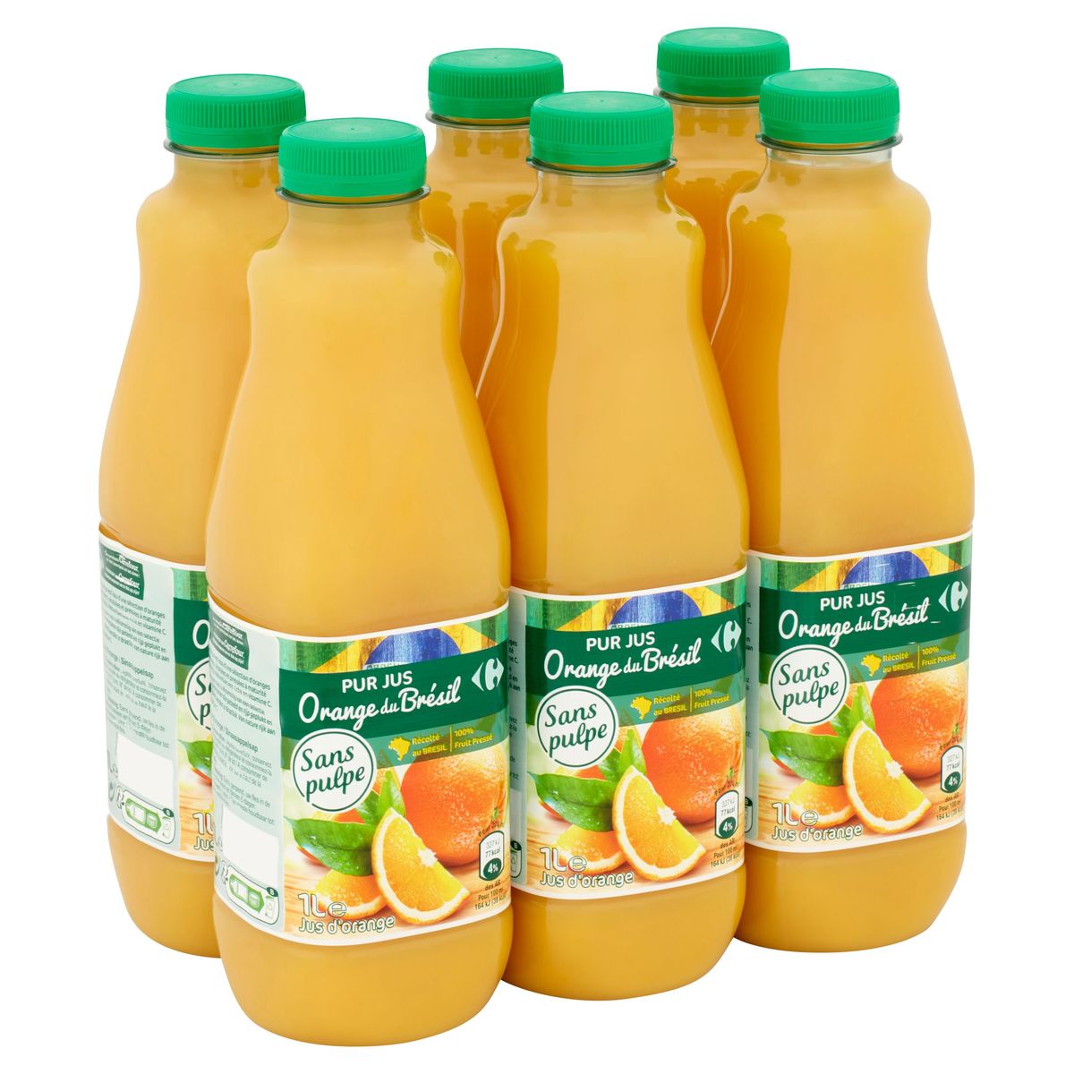 Carrefour Puur Sap Sinaasappel uit Brazilië zonder Pulp 6 x 1 L