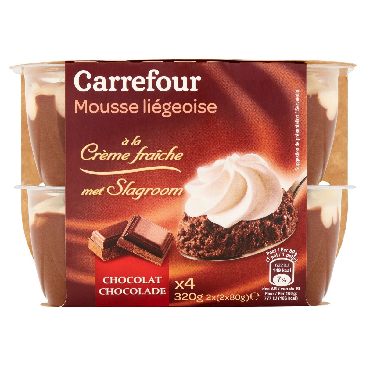 Carrefour Mousse Liégeoise met Slagroom Chocolade 2 x (2 x 80 g)