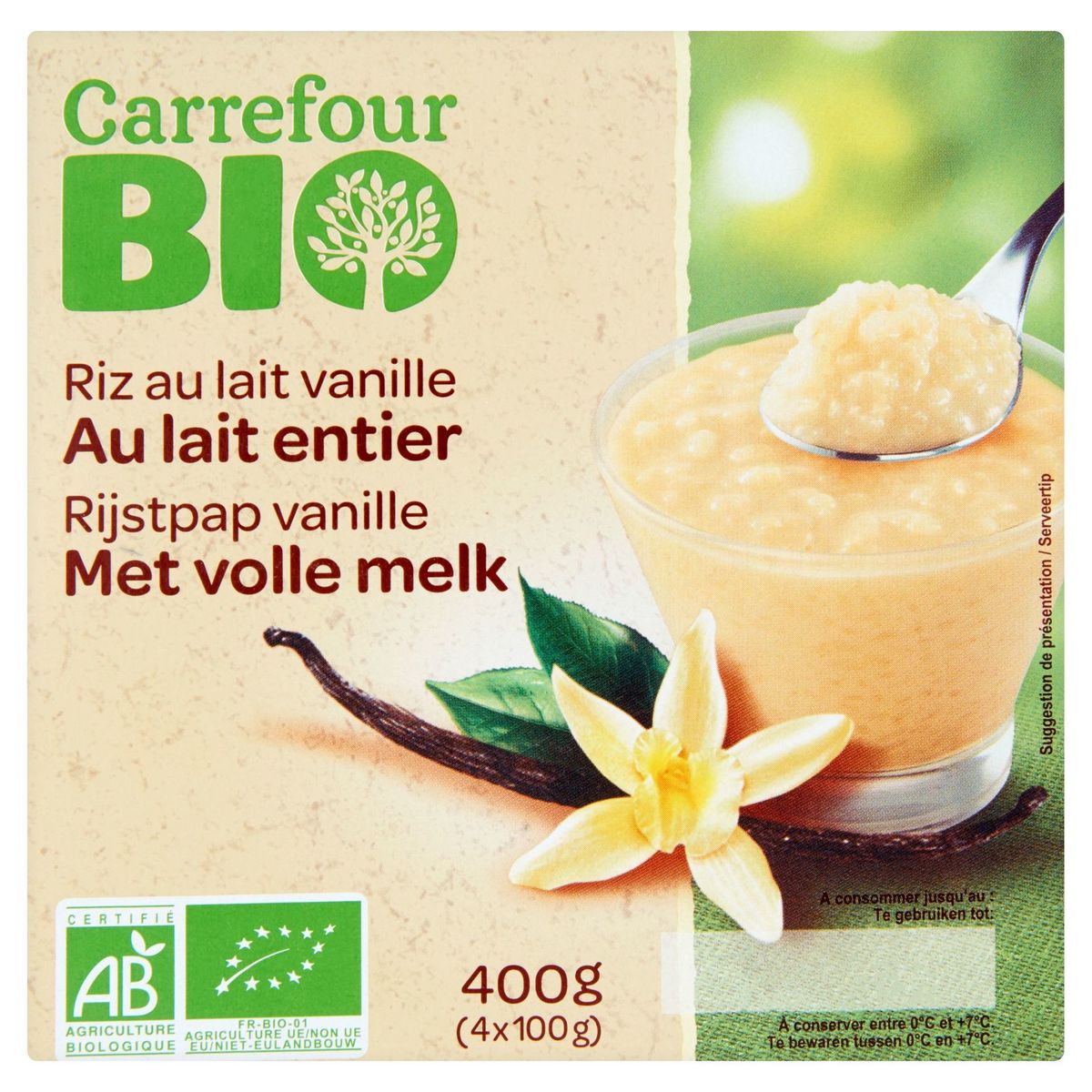 Carrefour Bio Riz au Lait Vanille au Lait Entier 4 x 100 g | Carrefour Site