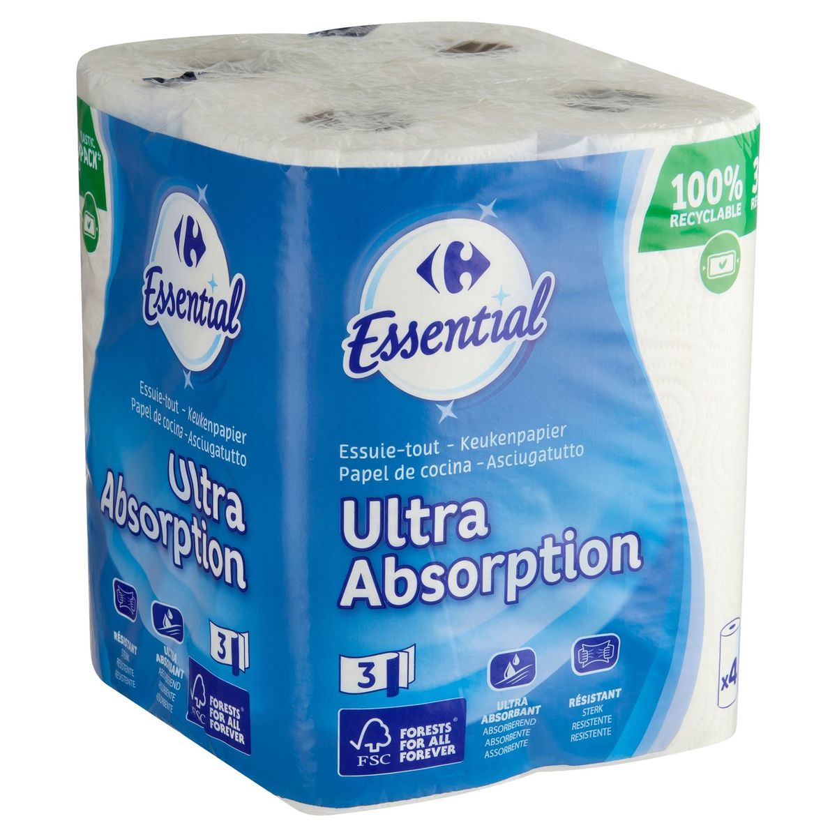 Carrefour Essential Keukenpapier Ultra Absorberend 3-Lagen 4 Rollen
