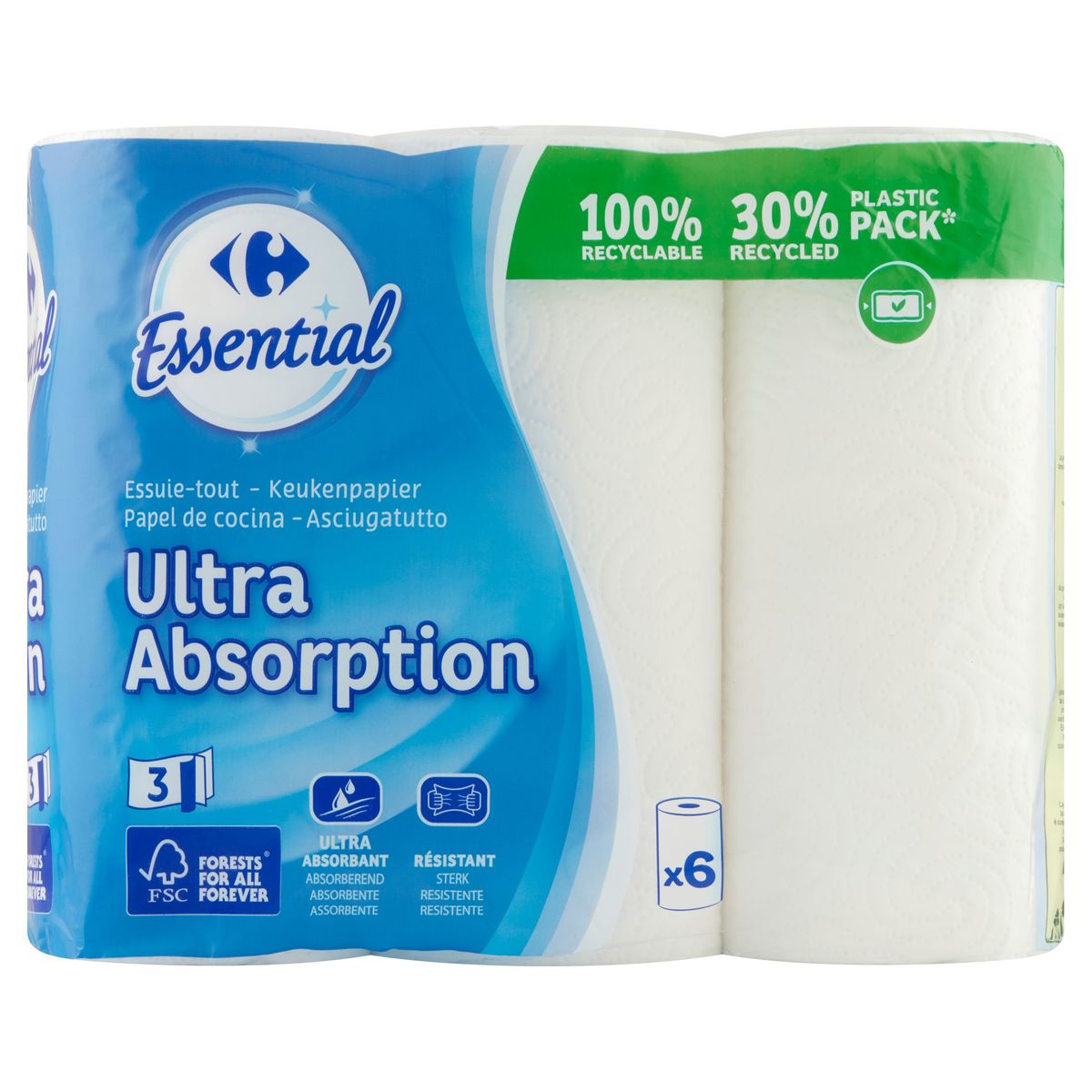Carrefour Essential Keukenpapier Ultra Absorberend 3-Lagen 6 Rollen