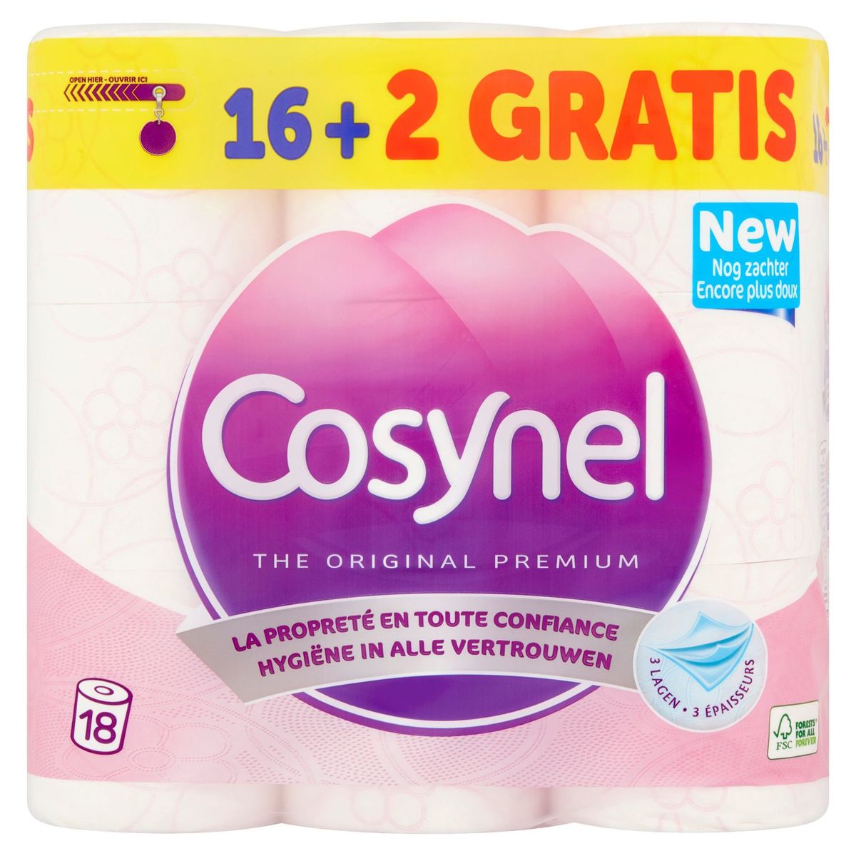 Cosynel Premium Rose Papier Toilette 3 Épaisseurs 16+2 Rouleaux