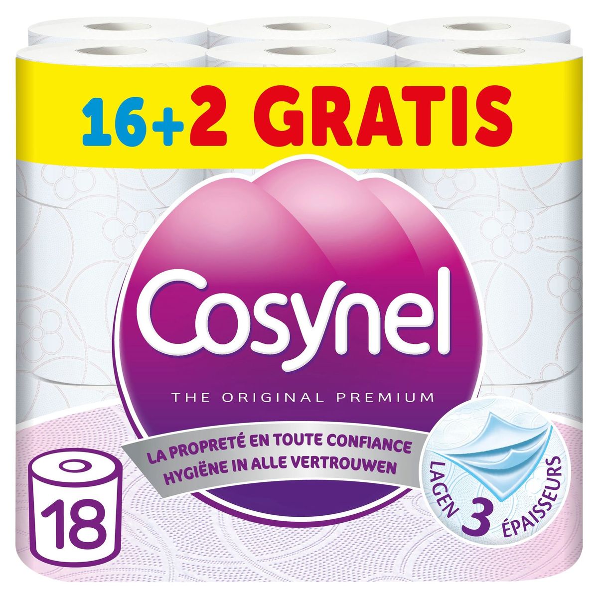 Cosynel Premium Rose Papier Toilette 3 Épaisseurs 16+2 Rouleaux