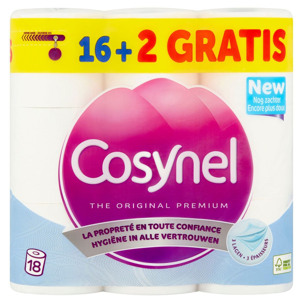 Cosynel Premium Bleu Papier Toilette 3 Épaisseurs 16+2 Rouleaux