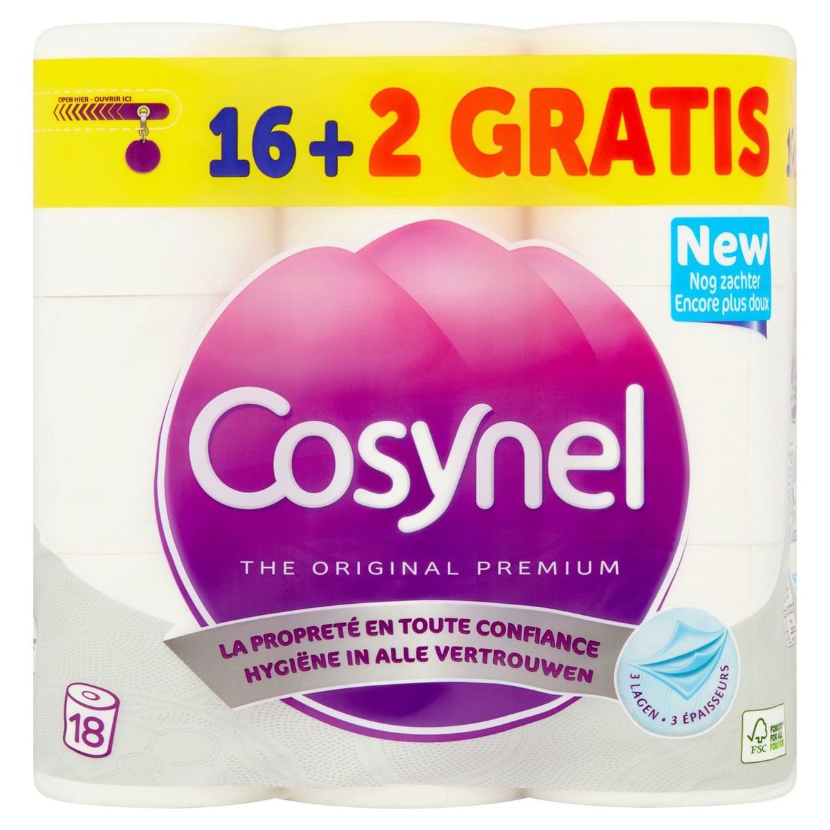 Cosynel Premium Blanc Papier Toilette 3 Épaisseurs 16+2 Rouleaux
