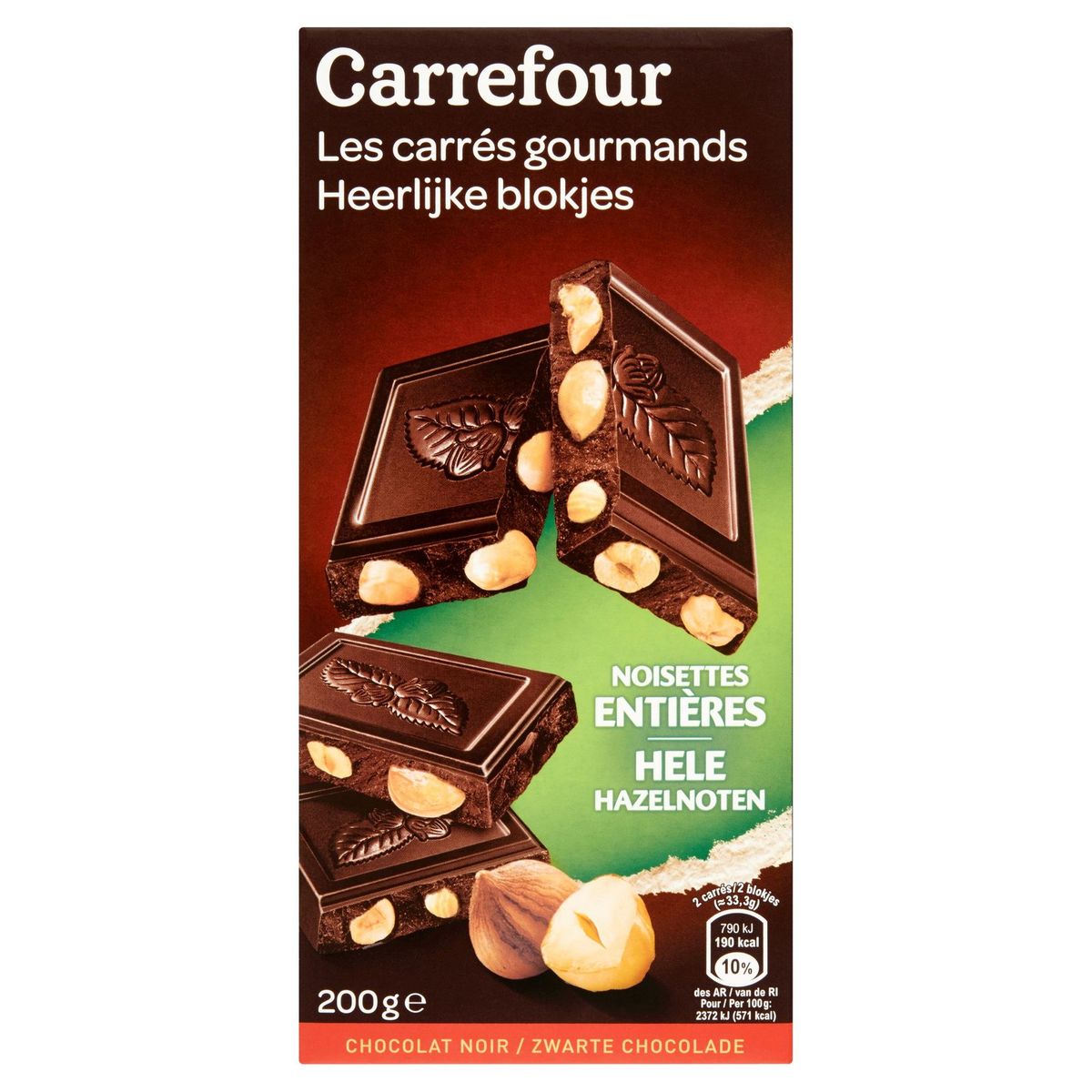 Carrefour Heerlijke Blokjes Zwarte Chocolade Hele Hazelnoten 200 g