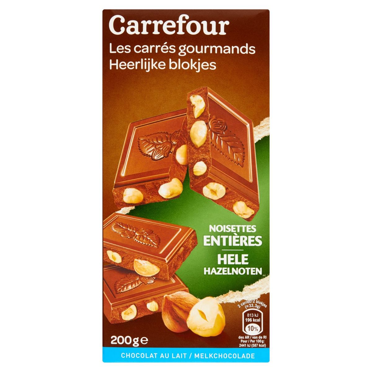 Carrefour Heerlijke Blokjes Melkchocolade Hele Hazelnoten 200 g