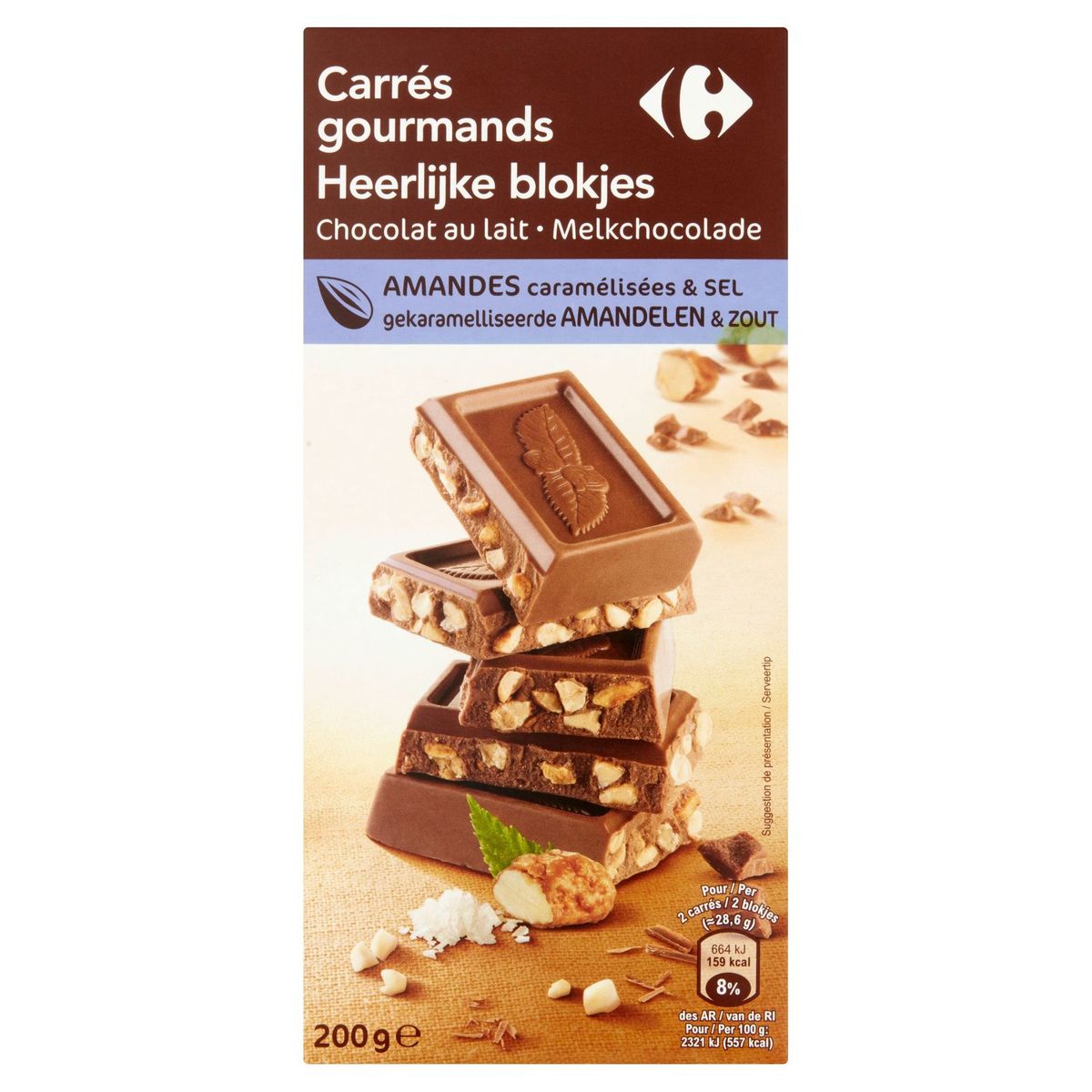 Carrefour Carrés Gourmands Chocolat au Lait Amandes Caramélisées 200 g