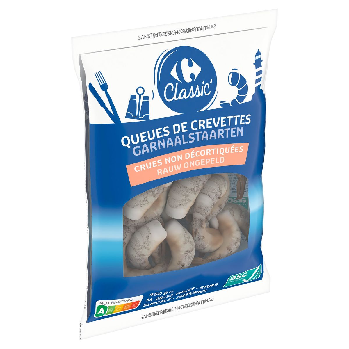 Carrefour Classic' Queues de Crevettes Crues non Décortiquées 450 g