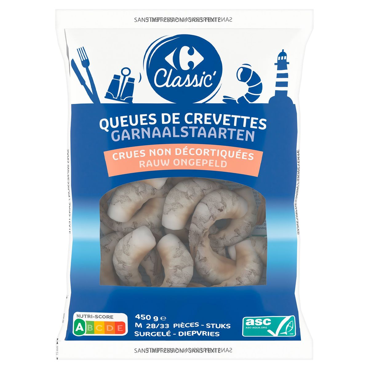 Carrefour Classic' Queues de Crevettes Crues non Décortiquées 450 g