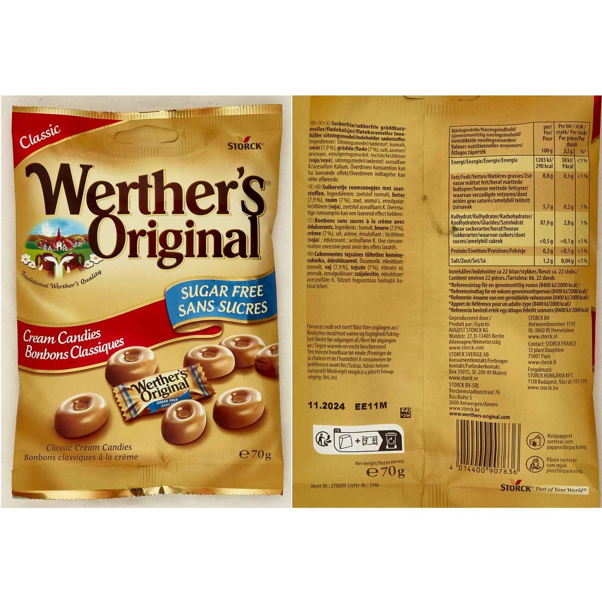 Werther's Original Bonbons Classiques à la Crème sans Sucre 70 g