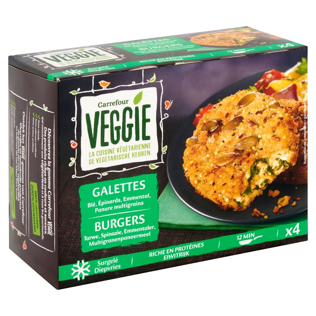 Carrefour Veggie Burgers Tarwe, Spinazie, Emmentaler 4 Stuks 400 g