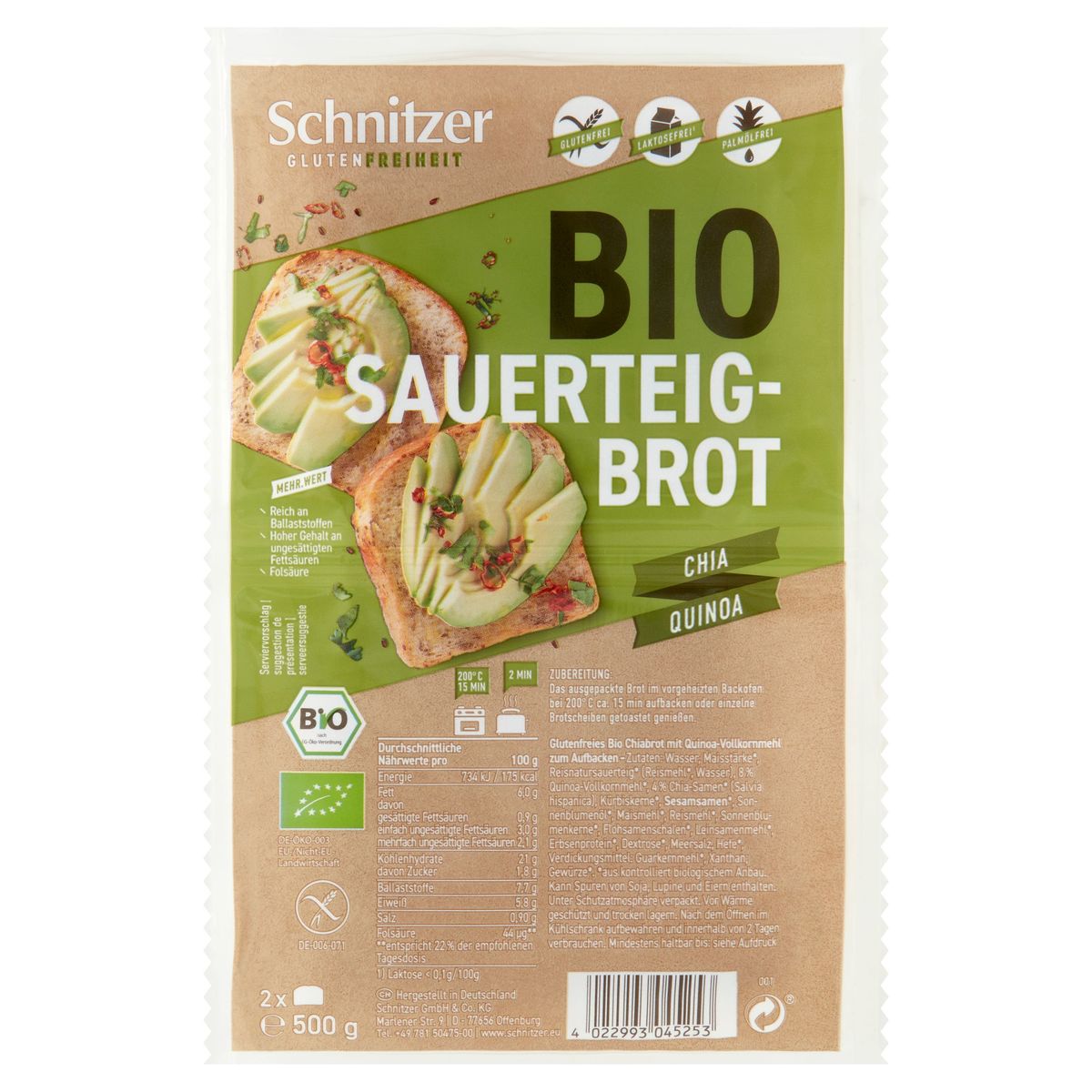Schnitzer Pain de Chia Bio à la Farine Quinoa Complète 2 Pièces 500 g