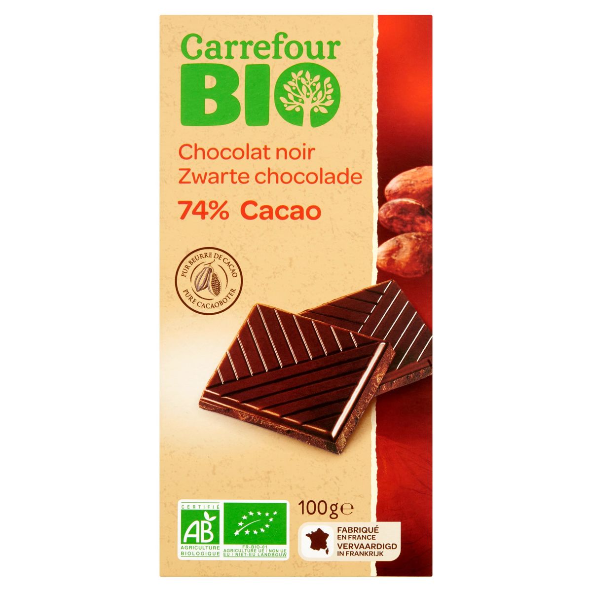 Carrefour Bio Zwarte Chocolade 74% Cacao 100 g