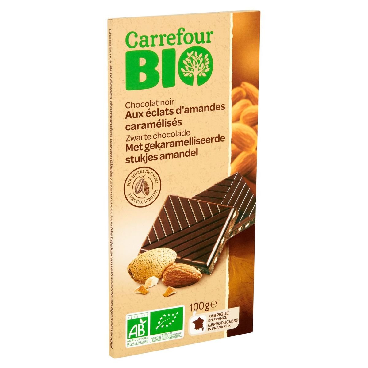 Carrefour Bio Chocolat Noir aux Éclats d'Amandes Caramélisés 100 g