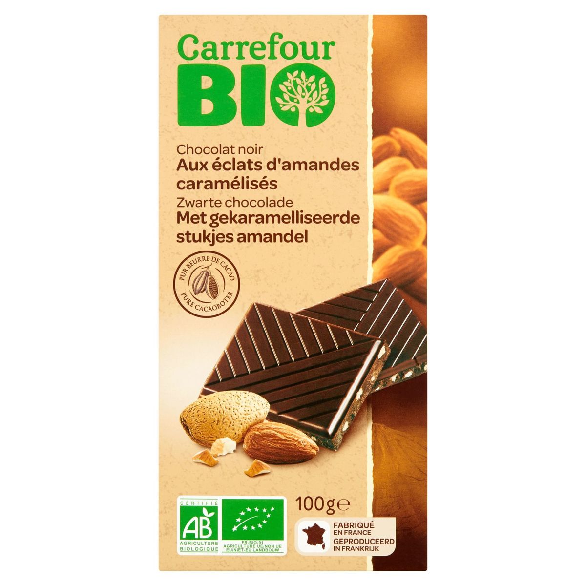 Carrefour Bio Chocolat Noir aux Éclats d'Amandes Caramélisés 100 g