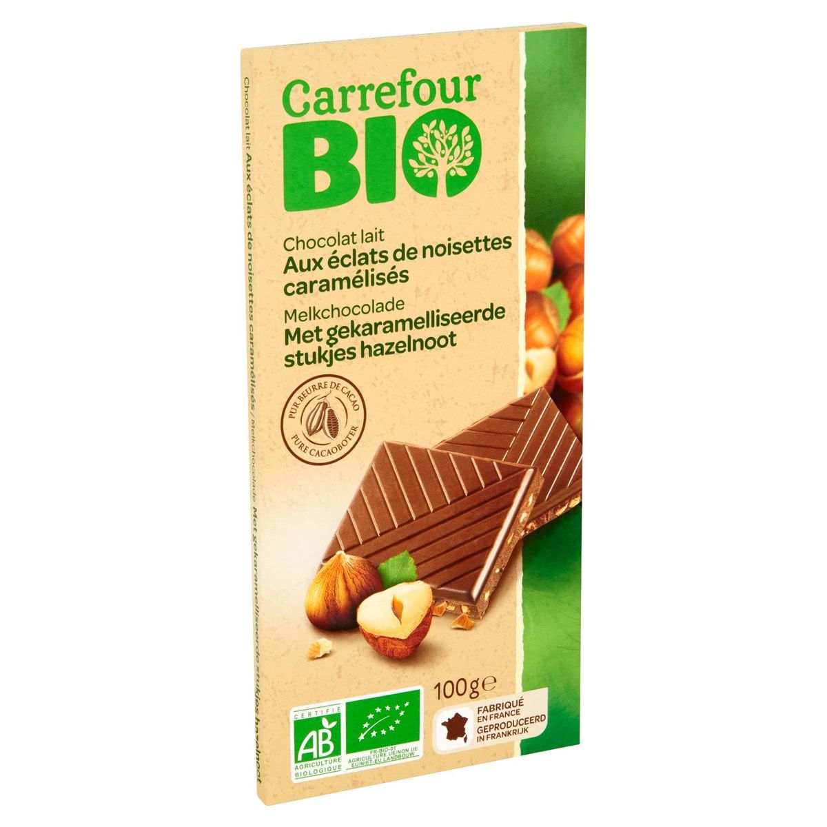 Carrefour Bio Melkchocolade Gekaramelliseerde Stukjes Hazelnoot 100 g