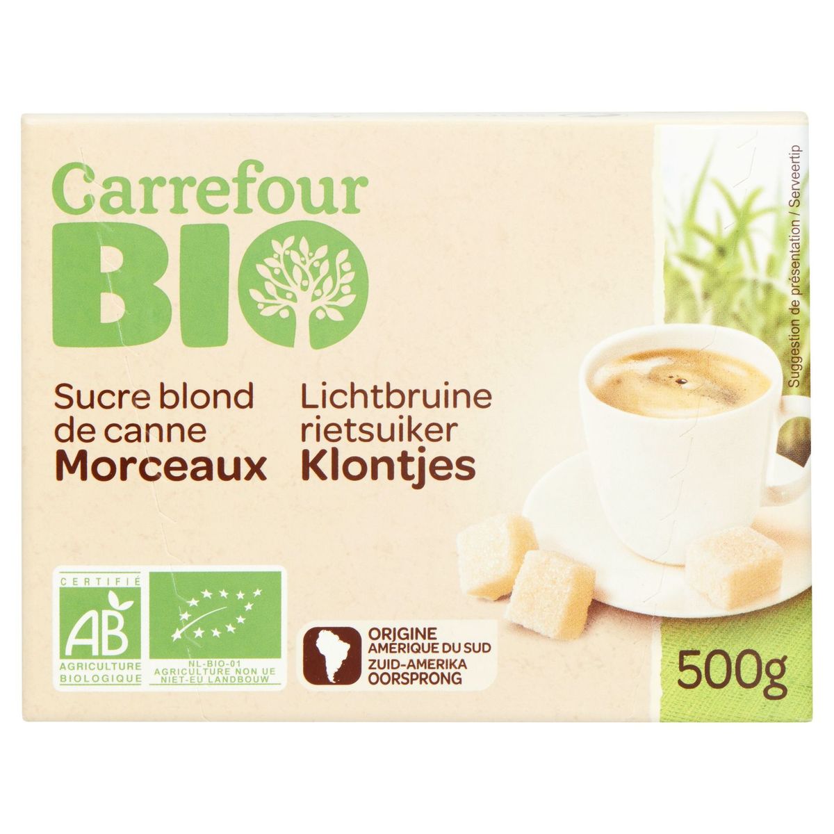 Carrefour Bio Sucre Blond de Canne Morceaux 500 g