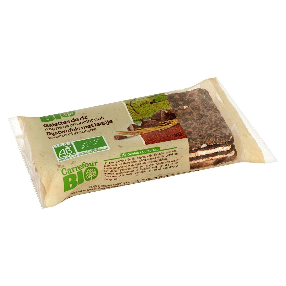 Carrefour Bio Rijstwafels met Laagje Zwarte Chocolade 8 Stuks 100 g