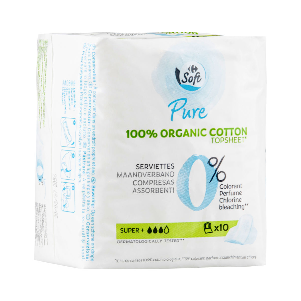 Carrefour Soft Pure Super+ Maandverbanden Vleugeltjes 10 Stuks