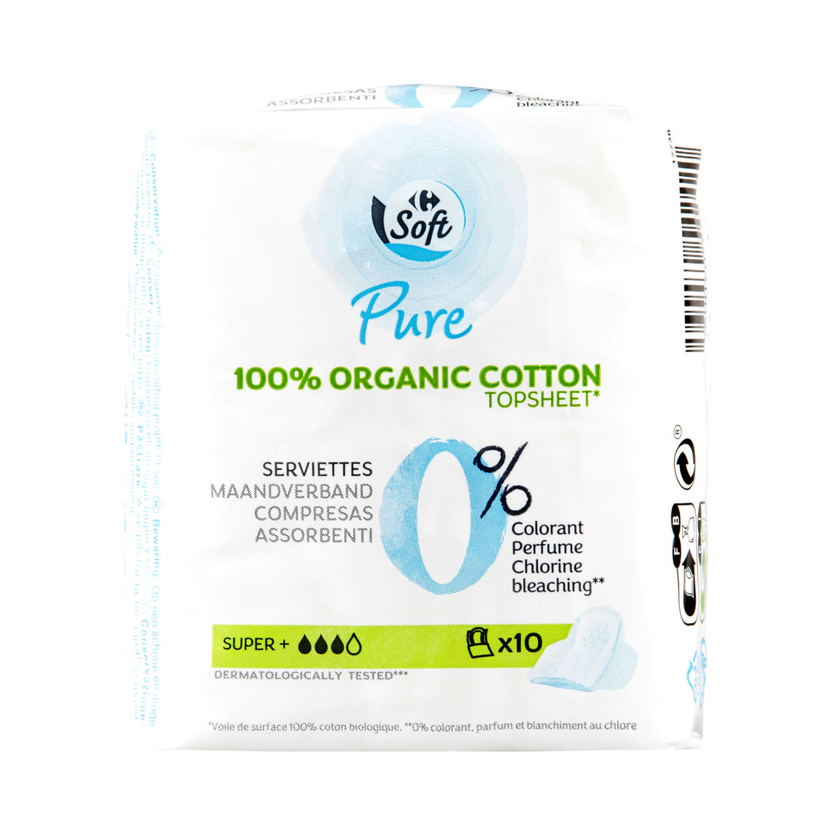 Carrefour Soft Pure Super+ Maandverbanden Vleugeltjes 10 Stuks